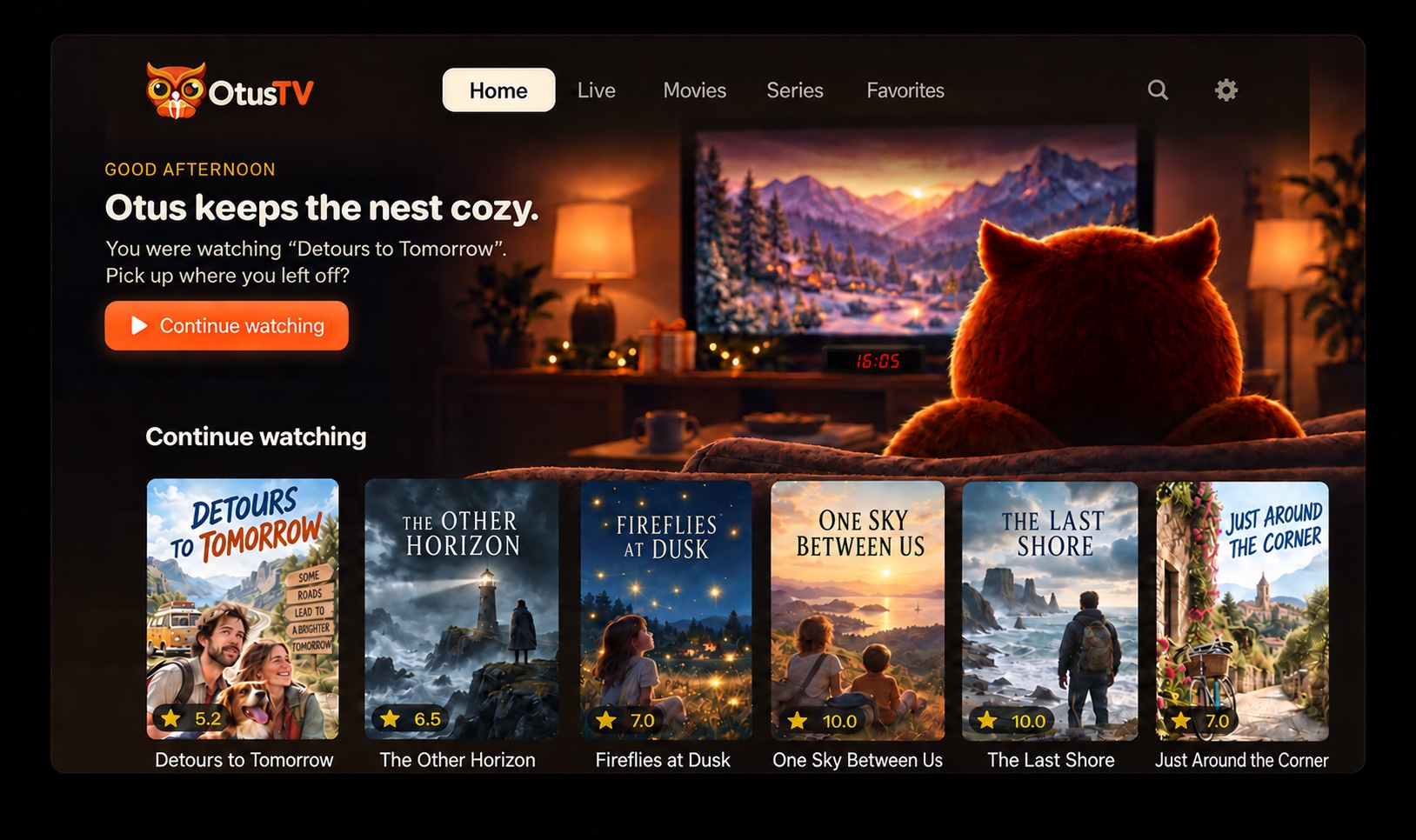 Illustrative OtusTV interface on Apple TV with six fictional content posters